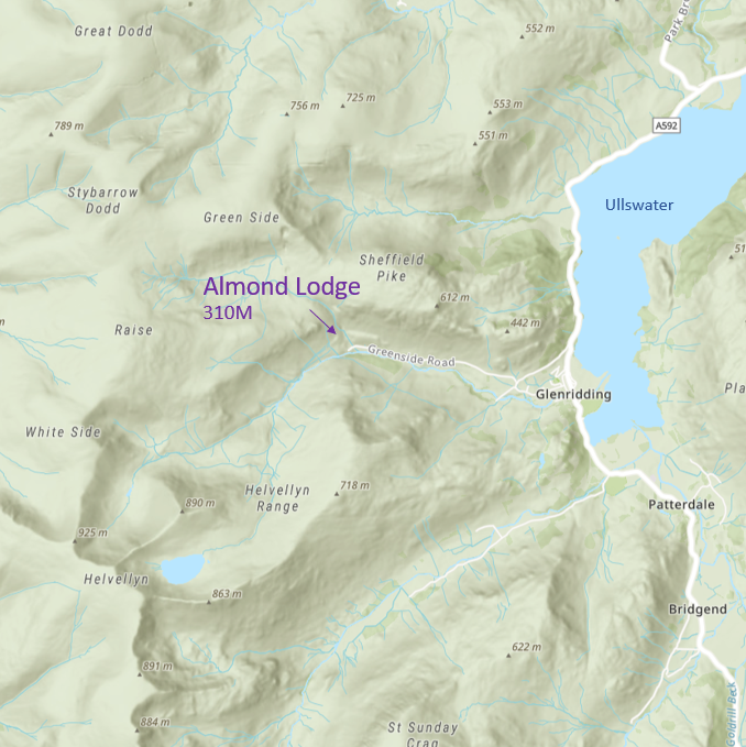 Map showing Almond Lodge close to Helvellyn, Glenridding and Ullswater