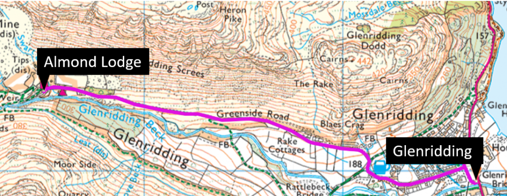 Map of hostel location about 1 mile from Glenridding and Ullswater up the Greenside road